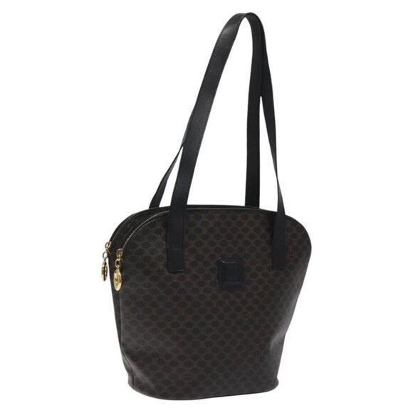 CELINE Macadam Canvas Shoulder Bag PVC Leather Black Gold Auth BD1404 - Picture 1 of 16